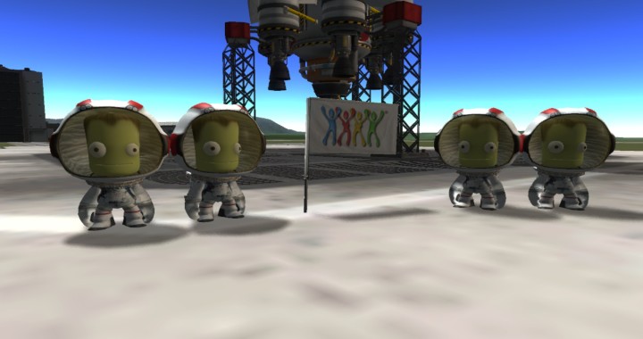 2 Groups Of Kerbals Standing next to Swing Life Style Flag